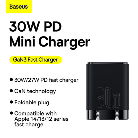 Original Baseus 30W PD GaN3 USB-C Fast Charger Power Adapter with Foldable Plug
