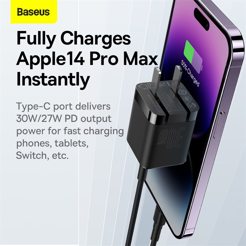 Original Baseus 30W PD GaN3 USB-C Fast Charger Power Adapter with Foldable Plug