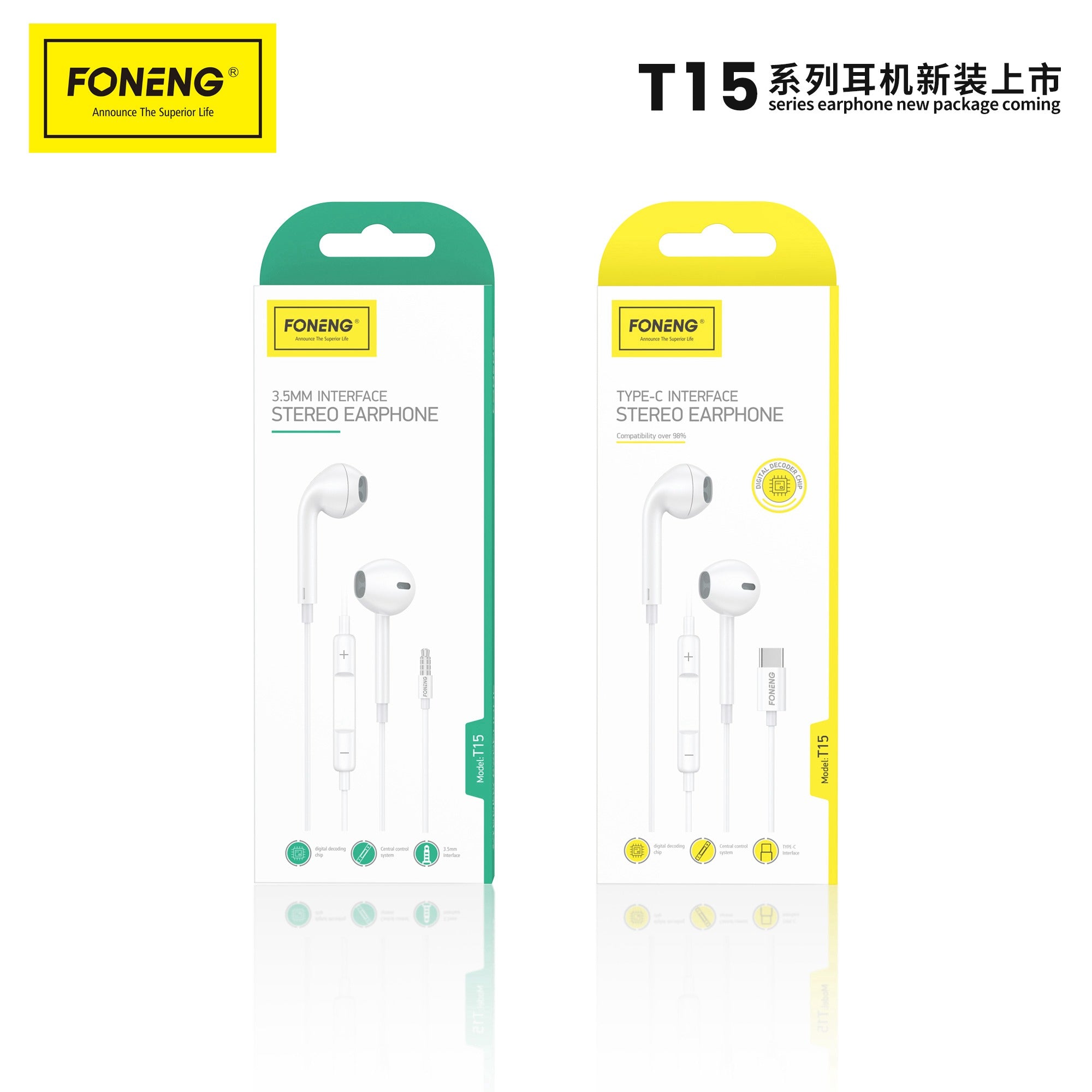💯 Original New Foneng  T15 Heavy Bass Type-C Earphone